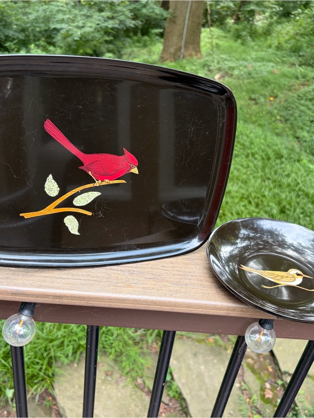 Couroc of Monterey Serving Tray Red Cardinal 12.5" x 9.5" + Bowl Sandpiper 7.75"